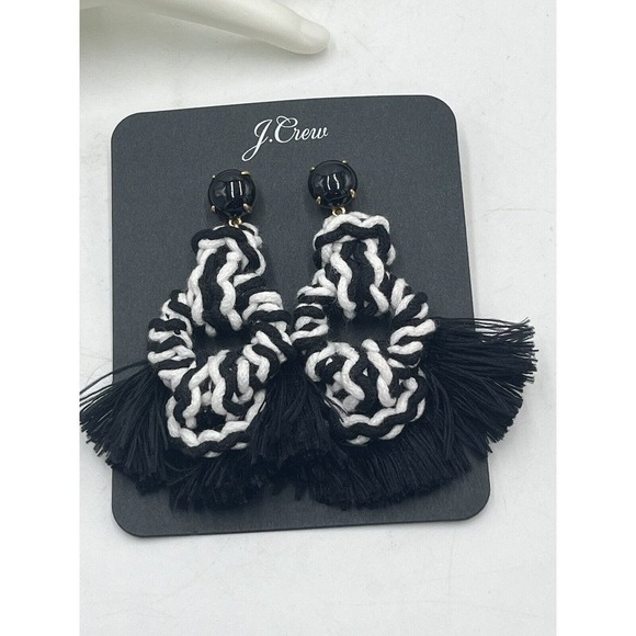 J. Crew Black White Knitted Sailors Knot Tassel Fringe Silver Tone Earrings New - Picture 5 of 9